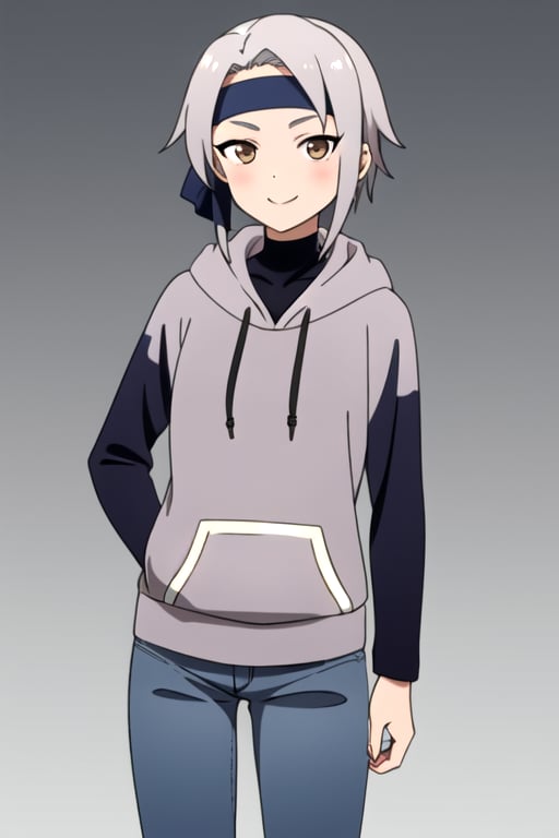 masterpiece, best quality, <lora:kunoichihigiri:0.7>,  kunoichihigiri, 1girl, solo, grey hair, brown eyes, headband,  hoodie, jeans, smile, looking at viewer, gradient background, 