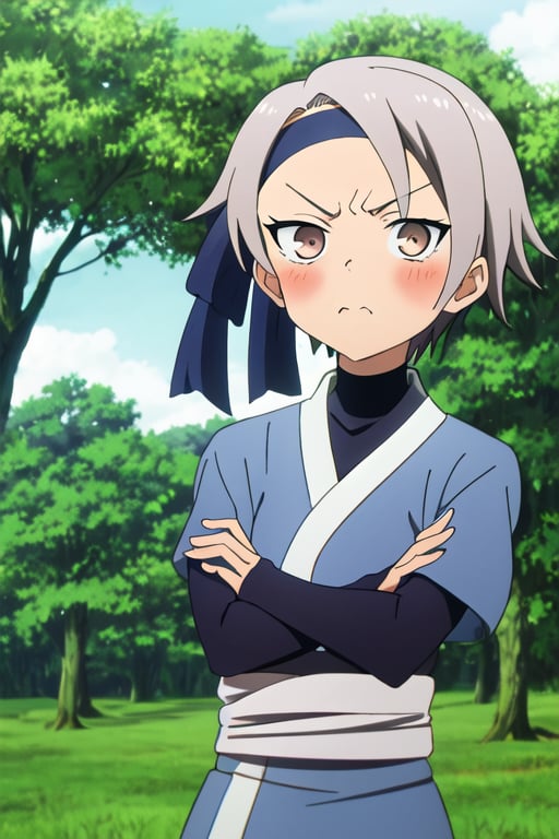 masterpiece, best quality, <lora:kunoichihigiri:1>,  kunoichihigiri, grey hair, brown eyes, head back, dark blue kimono, outdoors, forest, plants, short sleeves, looking at viewer, blush, sunlight, crossed arms, angry, turtleneck, 