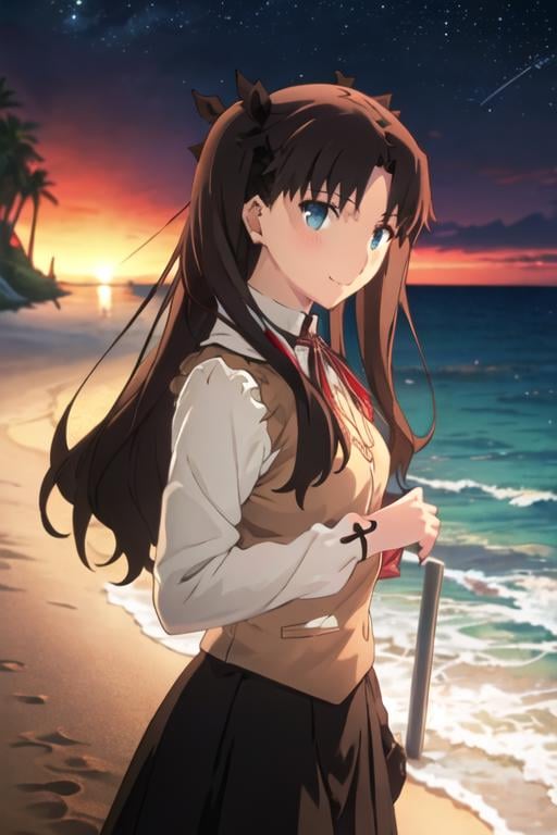 best quality, masterpiece, highres, solo, {night:1.10}, {starry sky:1.10}, beach, beautiful detailed sky, {extremely detailed background:1.20}, {tohsaka_rin_fatestaynightufotable:1.15}, {standing:1.10}, looking at viewer, {bikini:1.30}, long_hair, black_hair, ribbon, two_side_up, hair_ribbon, blue_eyes, brown_hair, light smile