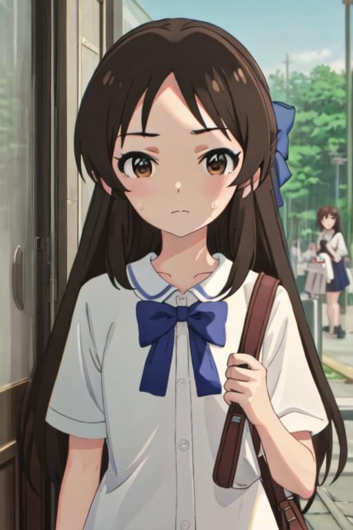 best quality, masterpiece, highres, solo, {tachibana_arisu_theidolmastercinderellagirlsu149:1.15}, brown_hair, long_hair, brown_eyes, bow, hair_bow, upper_body, blue_bow, closed_mouth, bangs, 2girls, black_hair, collared_shirt, multiple_girls, shirt, solo_focus, sweatdrop, white_shirt, blush, jacket