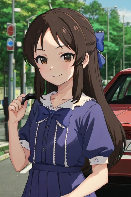 best quality, masterpiece, highres, solo, {tachibana_arisu_theidolmastercinderellagirlsu149:1.15}, brown_hair, long_hair, brown_eyes, bow, hair_bow, upper_body, blue_bow, closed_mouth, bangs, 1girl, car, ground_vehicle, looking_at_viewer, motor_vehicle, smile, solo_focus, outdoors, photo_background, pov, pov_hands, blue_dress, blurry, road, short_sleeves