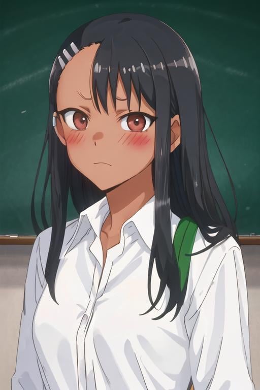 best quality, masterpiece, highres, solo, {nagatoro_hayase_donttoywithmemissnagatoro:1.15}, black_hair, long_hair, dark-skinned_female, dark_skin, brown_eyes, hairclip, hair_ornament, blush, bangs, smile, 1girl, chalkboard, portrait, school_uniform, shirt, white_shirt, earclip, sweater, classroom, closed_mouth, collared_shirt, frown, indoors, looking_at_viewer, wide-eyed