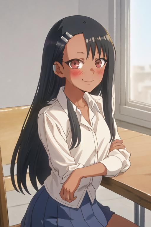 best quality, masterpiece, highres, solo, {nagatoro_hayase_donttoywithmemissnagatoro:1.15}, black_hair, long_hair, dark-skinned_female, dark_skin, brown_eyes, hairclip, hair_ornament, blush, bangs, smile, 1girl, fang, shirt, skin_fang, white_shirt, collared_shirt, fang_out, indoors, portrait, smug, closed_mouth, meme