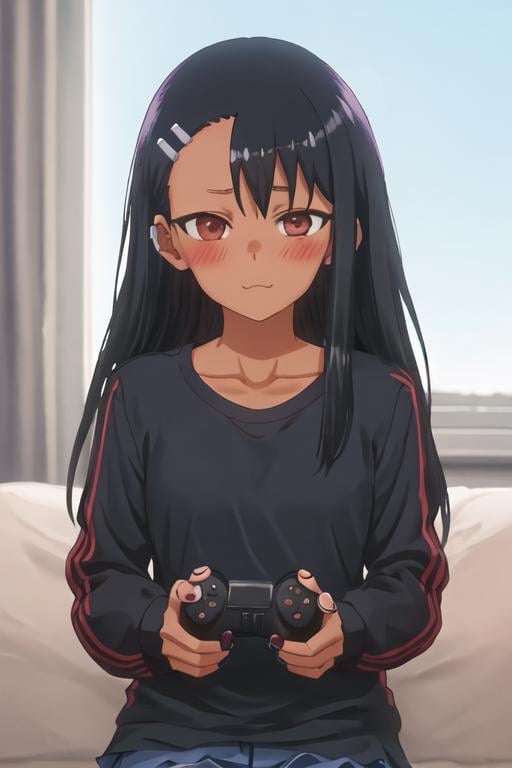 best quality, masterpiece, highres, solo, {nagatoro_hayase_donttoywithmemissnagatoro:1.15}, black_hair, long_hair, dark-skinned_female, dark_skin, brown_eyes, hairclip, hair_ornament, blush, bangs, smile, 1girl, blue_shirt, closed_mouth, collarbone, controller, game_controller, holding, holding_controller, indoors, long_sleeves, nail_polish, shirt, asymmetrical_bangs, frown, holding_game_controller, playing_games