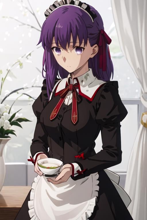 best quality, masterpiece, highres, solo, {maid:1.40}, {long maid dress:1.15}, {matou_sakura_fatestaynightufotable:1.15}, purple_hair, long_hair, ribbon, hair_ribbon, purple_eyes, red_ribbon