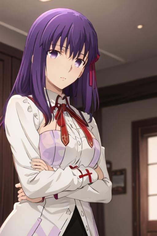 best quality, masterpiece, highres, solo, {matou_sakura_fatestaynightufotable:1.15}, purple_hair, long_hair, ribbon, hair_ribbon, purple_eyes, red_ribbon