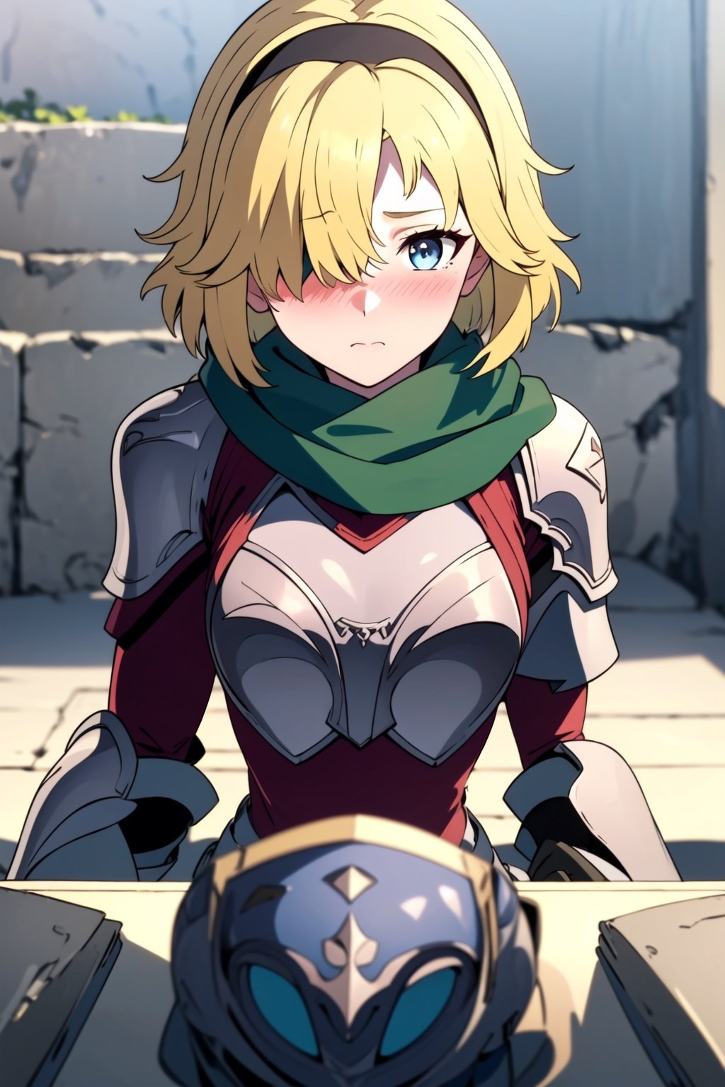 beautiful,  masterpiece,  best quality,  extremely detailed face,  detailed breasts,  masterpiece,  1girl,  whole body, solo, whole body, yellow hair, black headband, hair covering right eye, masterpiece, best quality, 1girl, blue eyes, closed mouth, looking at viewer, short hair, princesafgt, sitting, blush, armor, green scarf 