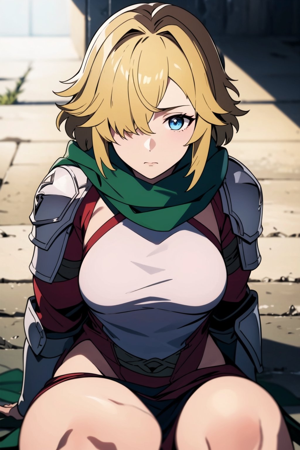 beautiful,  masterpiece,  best quality,  extremely detailed face,  detailed breasts,  masterpiece,  1girl,  whole body, solo, whole body, yellow hair, black headband, green scarf, hair covering right eye, masterpiece, best quality, 1girl, blue eyes, closed mouth, looking at viewer, armor, short hair, princesafgt, sitting, naked, unclothed