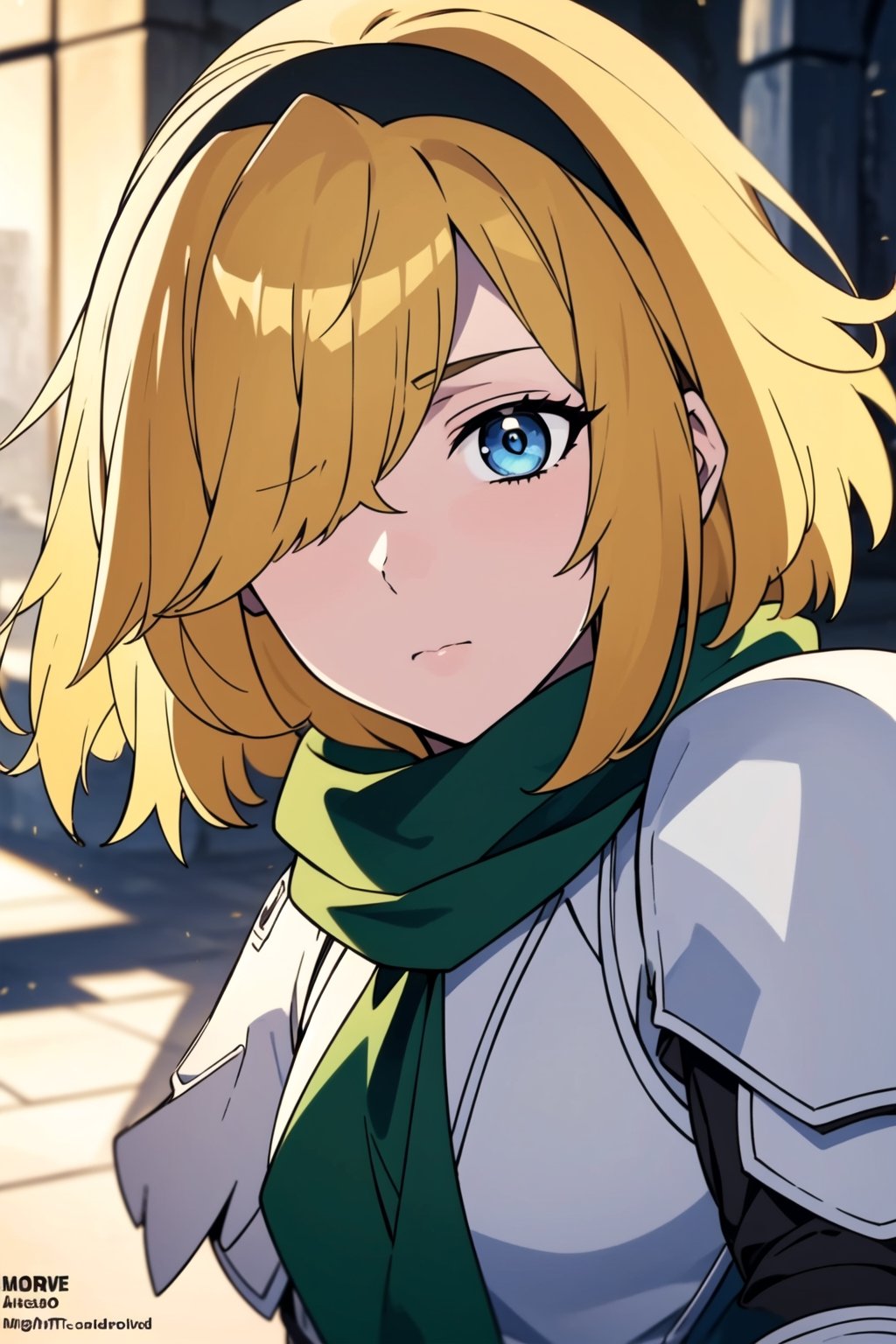 beautiful,  masterpiece,  best quality,  extremely detailed face,  detailed breasts,  masterpiece,  1girl,  whole body, solo, whole body, yellow hair, black headband, green scarf, hair covering right eye, masterpiece, best quality, 1girl, blue eyes, closed mouth, looking at viewer, armor, short hair, princesafgt