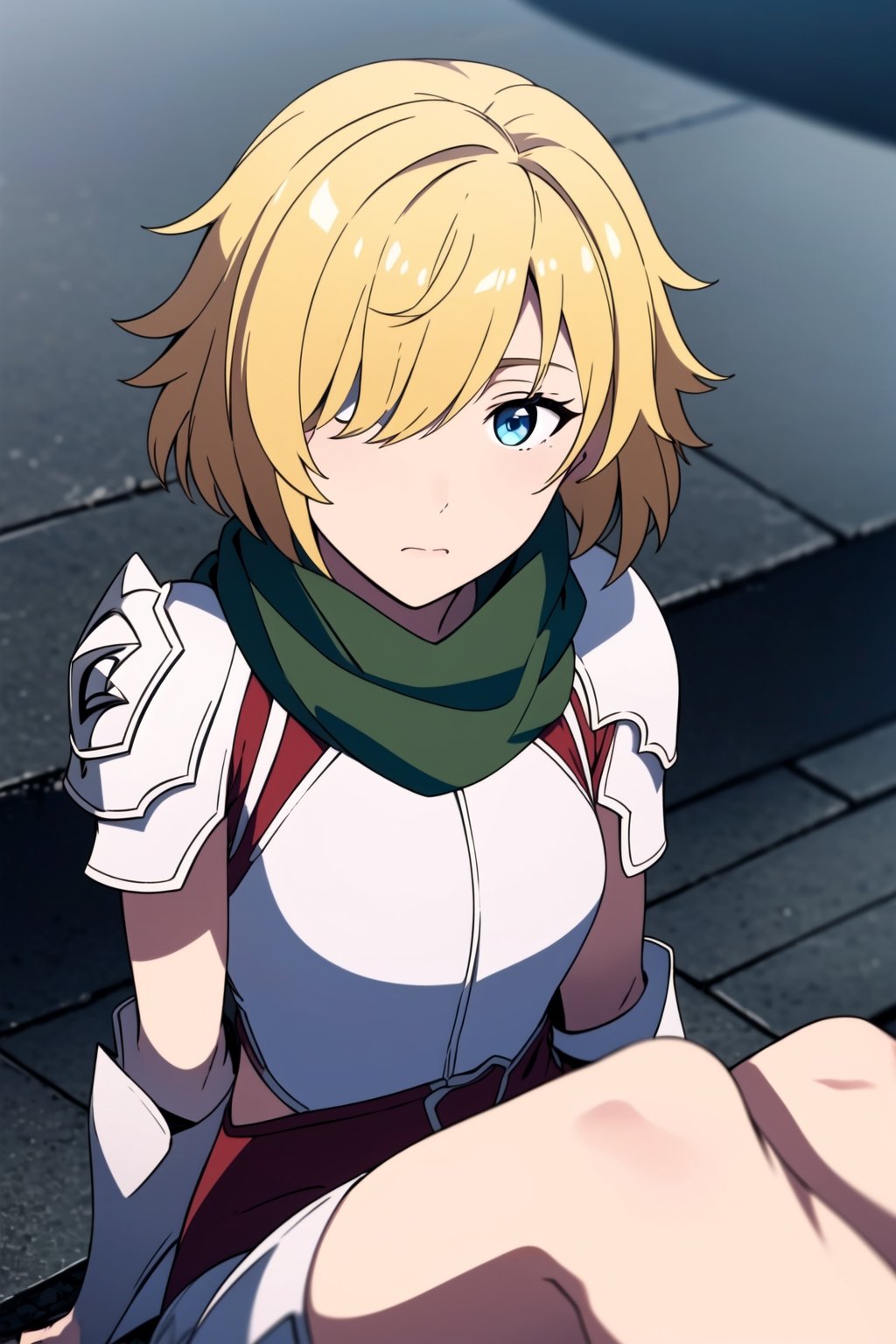 beautiful,  masterpiece,  best quality,  extremely detailed face,  detailed breasts,  masterpiece,  1girl,  whole body, solo, whole body, yellow hair, black headband, green scarf, hair covering right eye, masterpiece, best quality, 1girl, blue eyes, closed mouth, looking at viewer, armor, short hair, princesafgt, sitting