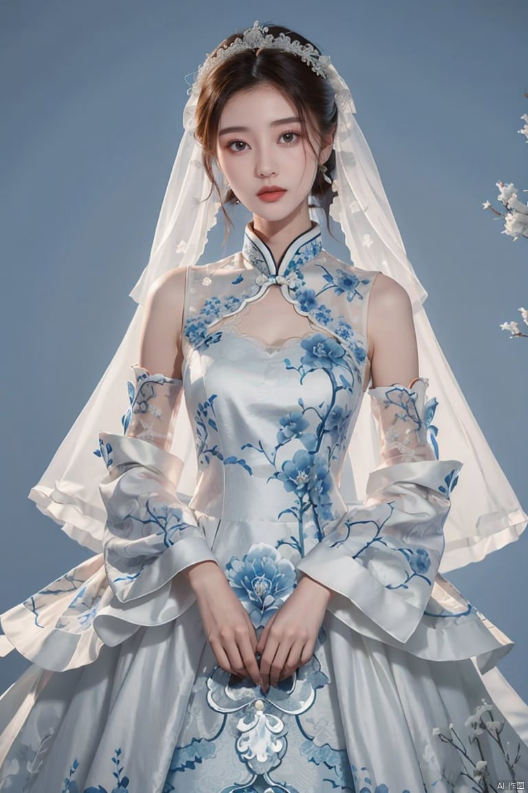  masterpiece, The best quality, 1girl, luxurious wedding dress, dreamy scene, white background, front viewer, looking at viewer, Flowers, romantic, Bride, Translucent white turban, UHD, 16k, , sparkling dress, , , , chinese dress,white dress,
chinese clothes,dress,white dress,floral print,china dress,blue dress,hanfu,long sleeves,print dress,robe,skirt,sleeveless dress,widesleeves, weddingdress, , BY MOONCRYPTOWOW,wangzuxian,HALO, lijiaxin