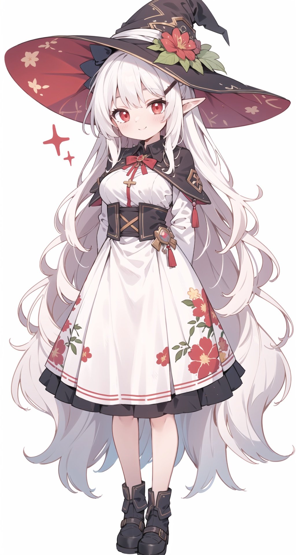 (masterpiece:1.2),(arms behind back:1.2),best quality,game cg,1girl,solo,long hair,white hair,hair ornament,dress,full body,looking at viewer,simple background,red eyes,standing,hair flower,white background,white dress,closed mouth,long sleeves,skirt,wavy hair,blush,large breasts,smile,very long hair,hand up,floral print,witch hat,elf,