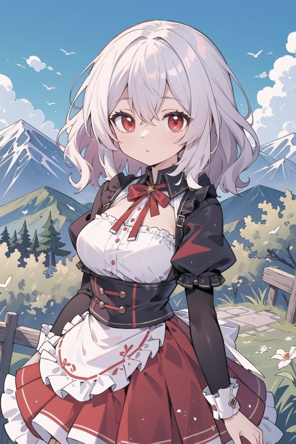 (masterpiece, best quality, high quality, highres, ultra-detailed),short hair,silver hair,red eyes,wavy hair,breasts,frills,outdoors,mountain,close-up,alternate costume,