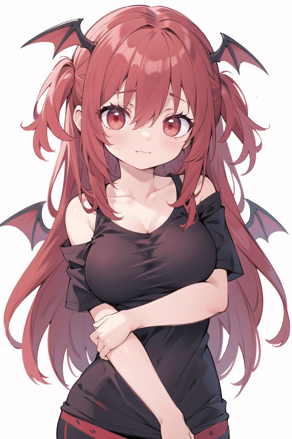 Koakuma, T-shirt, off shoulder, no legwear,  upper body, arms at sides, large breasts, Red hair,  red eyes, (Shy: 1.2)