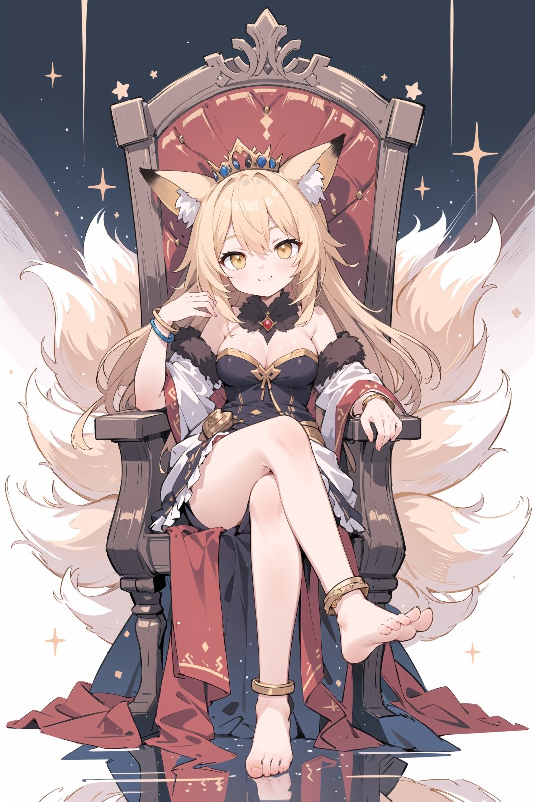 masterpiece, best quality, 1girl, fox girl, fox ears, blonde hair, long hair, yellow eyes, smile, sitting, crossed legs, holding, tiara, frilled dress, strapless, cleavage, bare shoulders, fur trim, detached sleeves, barefoot, toes, anklet, jewelry, throne, reflection,