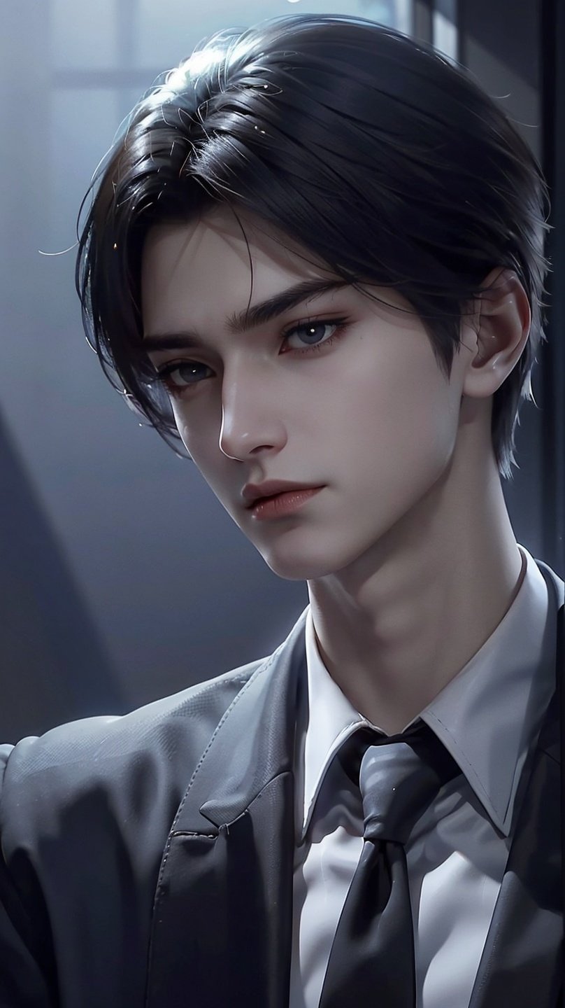 4K,1boy,Short hair,Real skin,His tall nose, straight posture, all exudes a strong male charm,Look into the camera, Wearing a dark suit, simple and elegant. That sharp eyes and beautiful silhouette, there is no flaw of lack of confidence.Perfect light and shadow,jingxuan.