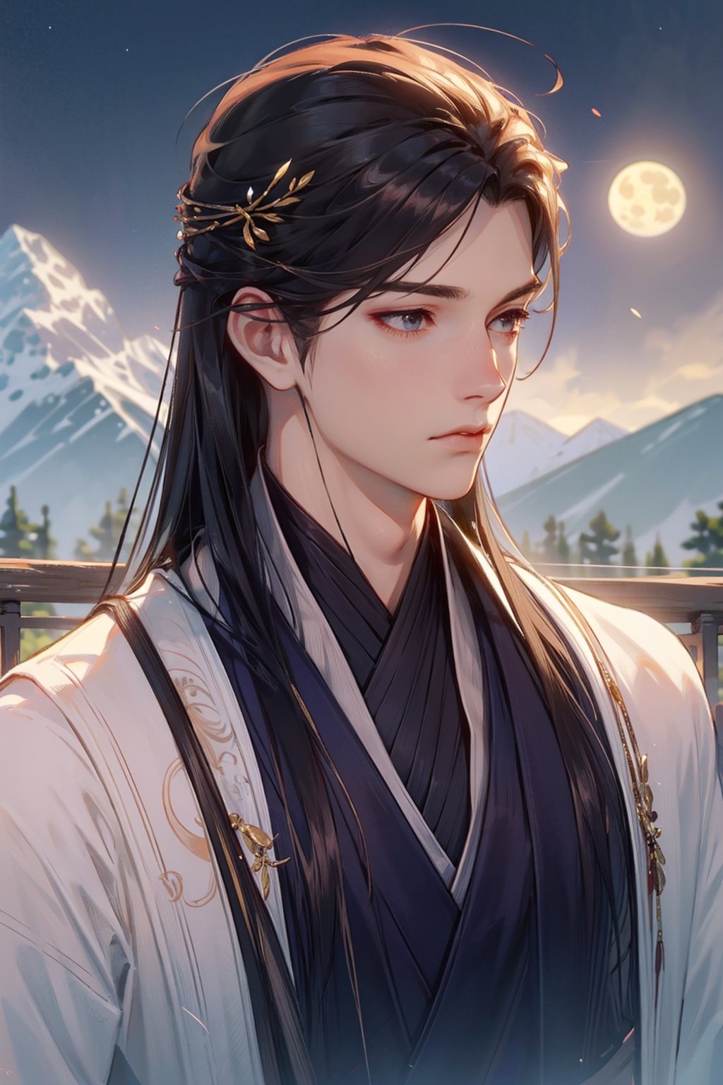 high details, high quality, anatomically correct, textured skin,1 Boy, Male Focus, Long Hair, Solo, Dark Hair, Chinese Costume, Realistic, Blurred, Hairpieces, Outdoors, Polearm, Nature, Looking at Audience, Hand Held,jingxuan,oriental art, wide angle lens, full bright moon in the Sky, Mountains in the distance, rivers in the vicinity, chrysanthemums, osmanthus,