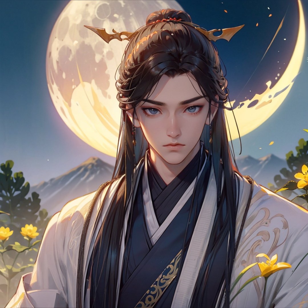 high details, high quality, anatomically correct, textured skin,1 Boy, Male Focus, Long Hair, Solo, Dark Hair, Chinese Costume, Realistic, Blurred, Hairpieces, Outdoors, Polearm, Nature, Looking at Audience, Hand Held,jingxuan,oriental art, wide angle lens, full bright moon in the Sky, Mountains in the distance, rivers in the vicinity, chrysanthemums, osmanthus,