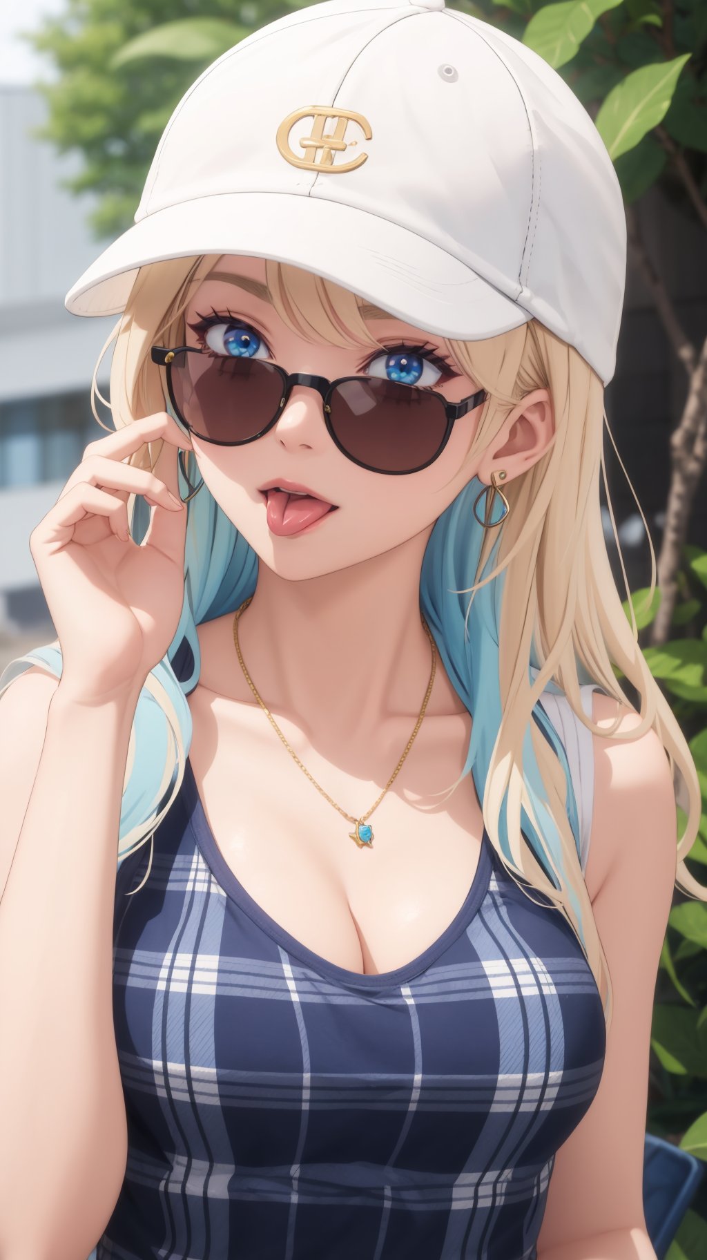 (masterpiece, best quality), ShirakawaRuna, 1girl, blonde hair, multicolored hair, bangs, long hair, blue eyes, jewelry, earrings, medium breasts, plaid, white headwear, sunglasses, tank top, baseball cap, black tank top, looking over eyewear, open plaid shirt , hat, cleavage, jewelry, collarbone, upper body, tongue, tongue out, necklace, <lora:ShirakawaRuna by Raelina:0.8>