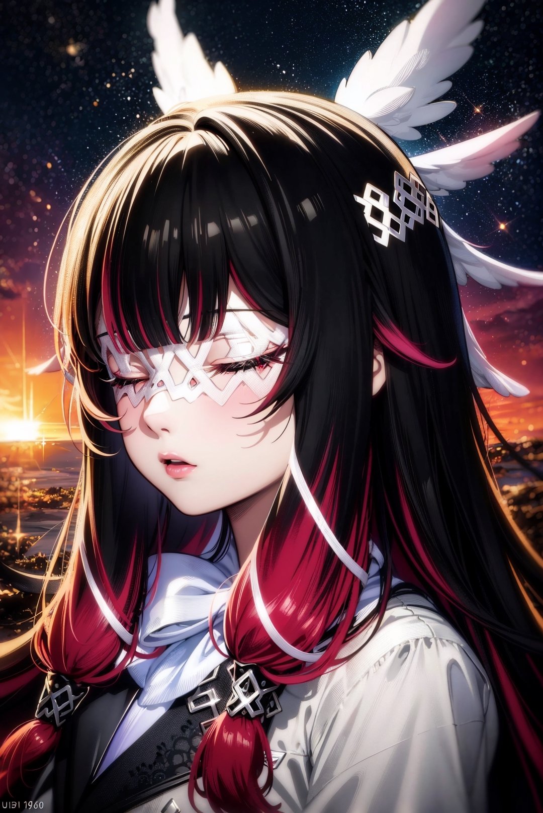 epic anime art, (best quality, ultra quality), detailed face, detailed eyes, cute eyes, perfect lighting, HD, 8k, masterpiece, digital art, intricate details, highly detailed, volumetric lighting, background detiled, ue5, unreal engine 5, artstation, trending on artstation, post processing, line art, tiny details, colorful detailed illustration, outer_space 1960s, cinematic, multiple light sources, sunset, 1girl, solo, 1girl, long hair, black hair, red hair, solo, closed eyes, eye_mask, head wings, hair ornament, blunt bangs, fur-trimmedcoat, coat