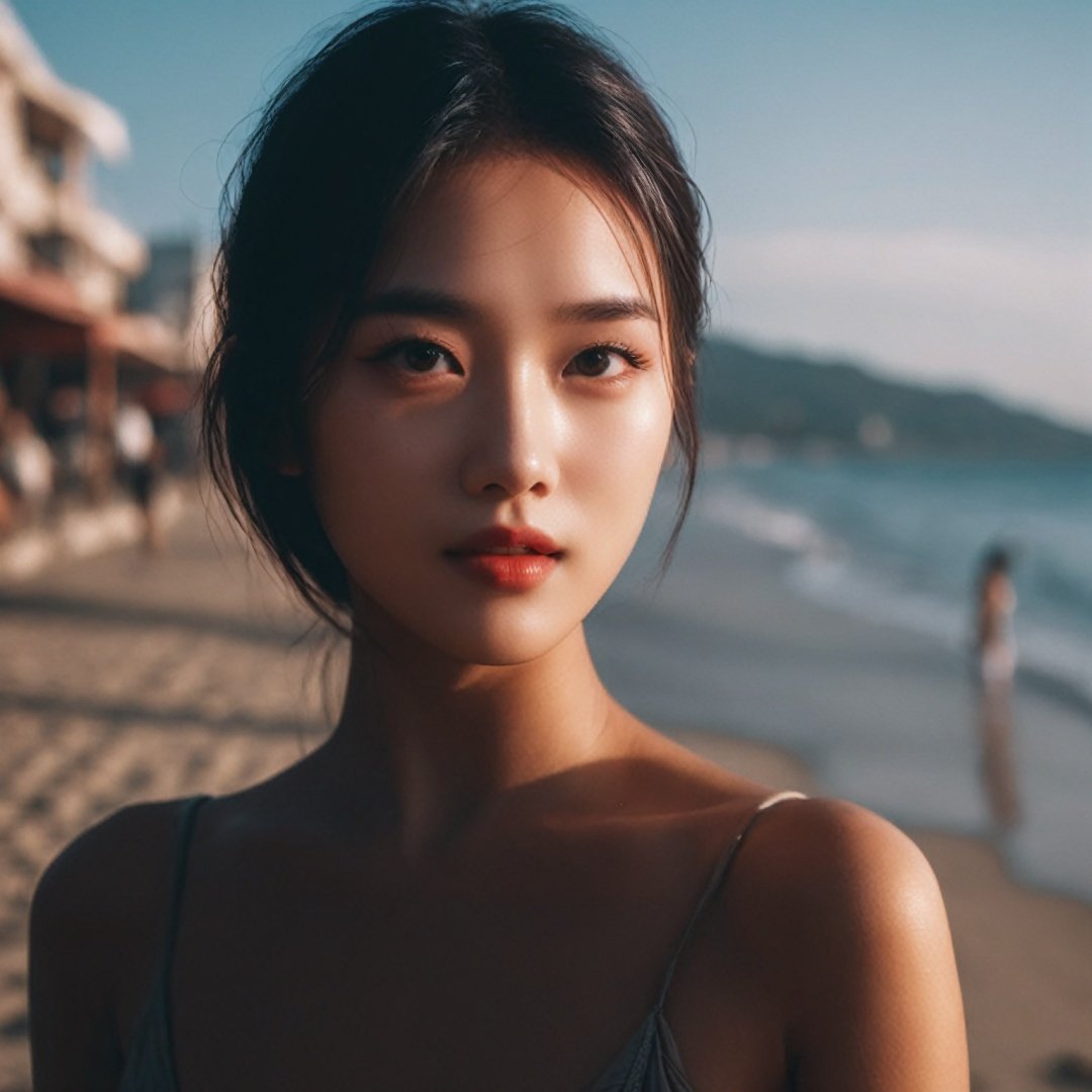 1 girl, Asian, sexy fashion, enjoying a beach getaway, 20 years old, well-defined facial features, captivating gaze, street scene background, beautiful dynamic lighting with dramatic dark and moody tones, volumetric atmosphere, shadows creating depth, cinematic vibe, BREAK logo, 35mm film photograph, grainy texture for added authenticity, professional quality, high resolution (8k), highly detailed, captured with a Hasselblad 50mm lens at f/1.9, FilmGirl brand, subtle glow on face,guangying on face