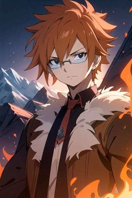 masterpiece, best quality, sketch, 1boy, solo, male focus, looking at viewer, upper body, , anime coloring, , <lora:loki_fairy_tail:0.72>, loki_fairy_tail, orange hair, black eyes, glasses, , , , The Mountain of Fire, 16k resolution