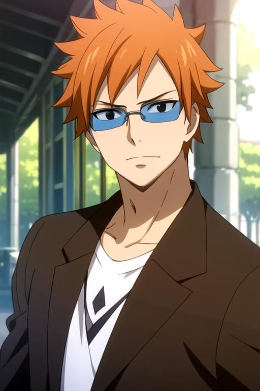 masterpiece, best quality, , 1boy, solo, male focus, looking at viewer, upper body, depth of field, , , <lora:loki_fairy_tail:0.76>, loki_fairy_tail, orange hair, black eyes, sunglasses,