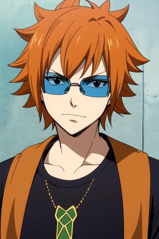 masterpiece, best quality, illustration, 1boy, solo, male focus, looking at viewer, upper body, , anime coloring, , <lora:loki_fairy_tail:0.70>, loki_fairy_tail, orange hair, black eyes, sunglasses,