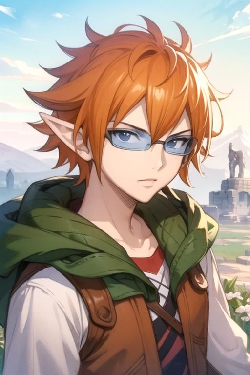 masterpiece, best quality, photorealistic, 1boy, solo, male focus, looking at viewer, upper body, depth of field, (watercolor illustration, soft pastel colors:1.1), , <lora:loki_fairy_tail:0.72>, loki_fairy_tail, orange hair, black eyes, , , , , Middle Earth: A vast and ancient world, home to Elves, Dwarves, Hobbits, and Wizards,