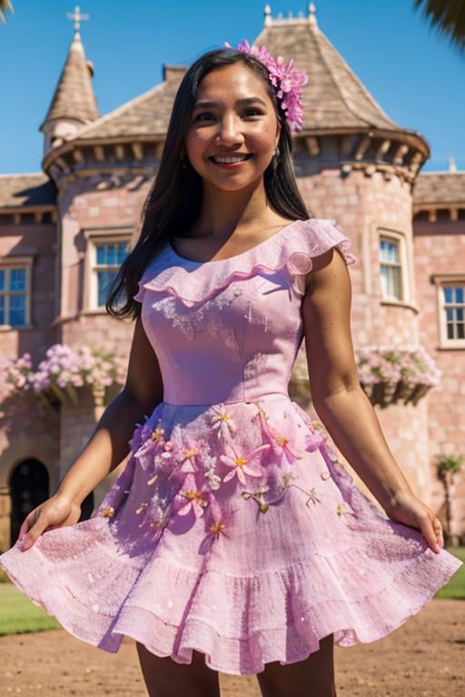 ISabelaMadrigal,  1girl,  woman,  pink dress,  medium shot  , flower on head,  smirk,  masterpiece,  highres,  sharp focus,  cinematic lighting,  detailed face,  detailed eyes,  in front of a castle, <lora:EMS-50667-EMS:1.000000>