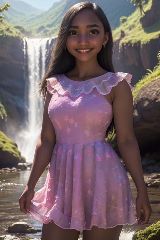 ISabelaMadrigal,  1girl,  woman,  pink dress,  medium shot,  smirk,  masterpiece,  highres,  sharp focus,  cinematic lighting,  detailed face,  detailed eyes,  at the waterfall, <lora:EMS-50667-EMS:1.000000>