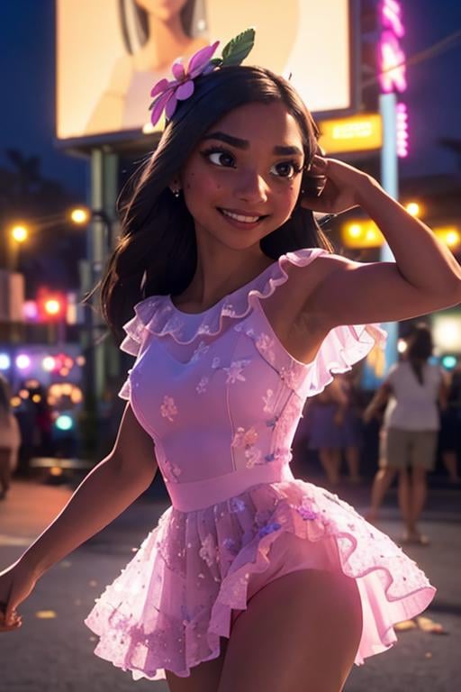 ISabelaMadrigal,  1girl,  woman,  short pink dress,  toned legs,  flower on head,  (masterpiece,  best quality:1.2),  (depth of field:1.1),  dancing,  smirk,  seducing,  city at night,  masterpiece,  highness,  perfect face,  perfect picture,  detailed eyes,  sharp focus, <lora:EMS-50667-EMS:0.980000>