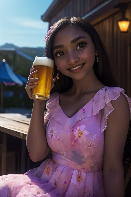 ISabelaMadrigal,  1girl,  woman,  pink dress,  flower on head,  holding a beer pint,  at the pub,  sitting, ,  smirk,  bikini,  masterpiece,  highres,  sharp focus,  cinematic lighting,  detailed face,  detailed eyes, <lora:EMS-50667-EMS:0.950000>