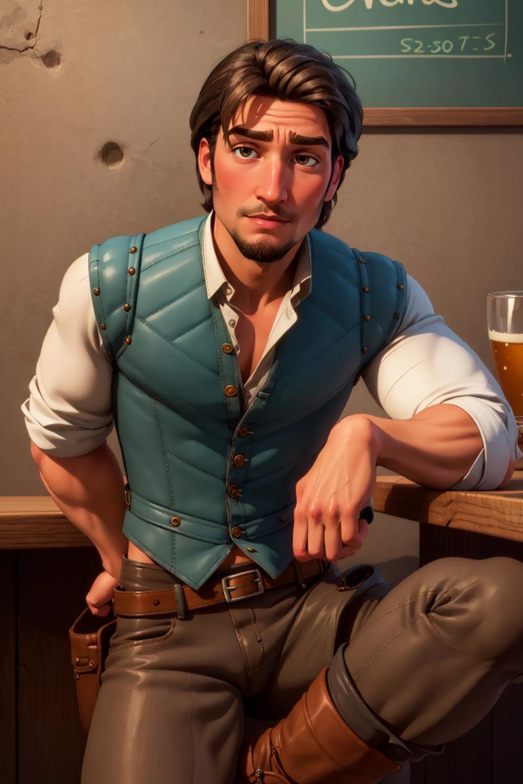 FlynnRider,  1guy , vest,  shirt,  facial  hair,  pants,  boots, ,  facial  hair , (best quality:1.2),  serious,  masterpiece,  highness,  perfect face,  perfect picture,  detailed eyes,  sharp focus,  cowboy shot,  at the pub, <lora:EMS-53288-EMS:0.940000>