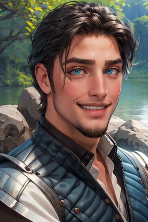 FlynnRider,  1guy , vest,  shirt,  facial  hair,  best quality:1.2),  smirk,  masterpiece,  highness,  perfect face,  perfect picture,  detailed eyes,  sharp focus,  at the river, <lora:EMS-53288-EMS:1.000000>