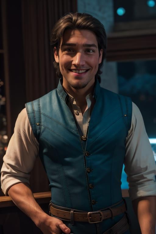 FlynnRider,  1guy , vest,  shirt,  facial  hair,  pants,  (best quality:1.2),  smirk,  masterpiece,  highness,  perfect face,  perfect picture,  detailed eyes,  sharp focus,  at home,  at night,  relaxing, <lora:EMS-13102-EMS:0.500000>, , <lora:EMS-53288-EMS:0.920000>