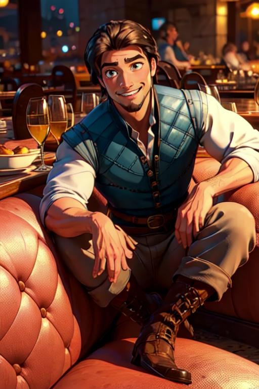 FlynnRider,  1guy , vest,  shirt,  facial  hair , facial  hair,  belt,  pants,  boots,  best quality:1.2),  smirk,  masterpiece,  highness,  perfect face,  perfect picture,  detailed eyes,  sharp focus,  full body,  at the diner, <lora:EMS-53288-EMS:1.000000>