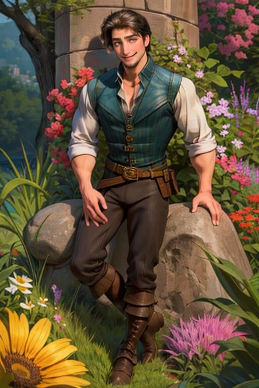 FlynnRider,  1guy , vest,  shirt,  facial  hair,  belt,  pants,  boots,  best quality:1.2),  smirk,  masterpiece,  highness,  perfect face,  perfect picture,  detailed eyes,  sharp focus,  full body,  flowers, <lora:EMS-53288-EMS:1.000000>