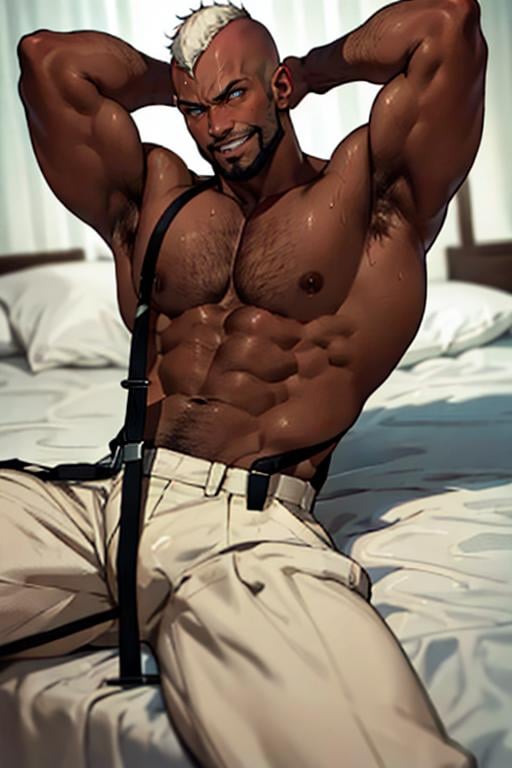 SethKOF,  solo,  1guy,  man,  white mohawk hair,  beard,  shirtless,  sweaty skin,  hands behind head,  relaxing,  (two suspenders:1.3),  black man,  afro american man,  dark skinned,  very dark skin,  black speedo,  lying on the bed,  (masterpiece,  best quality:1.2),  (depth of field:1.1),  smirk,  masterpiece,  highness,  perfect face,  perfect picture,  detailed eyes,  sharp focus, <lora:EMS-50642-EMS:1.000000>