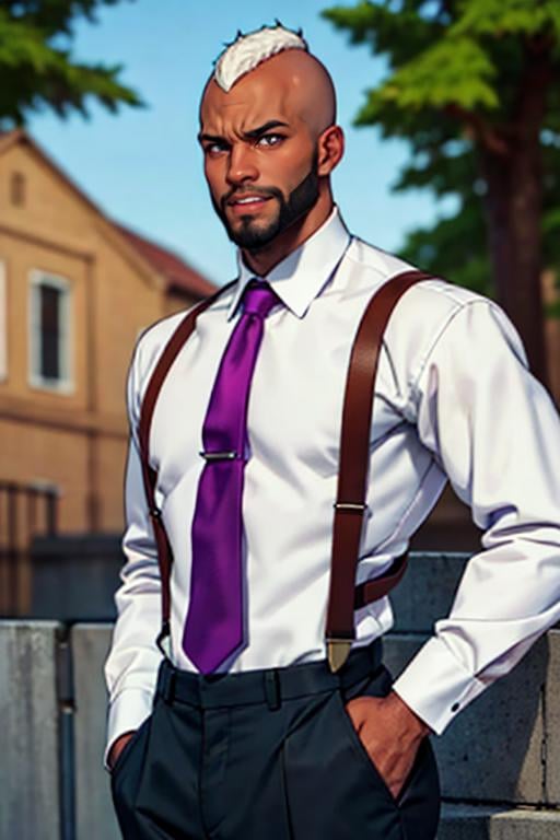 SethKOF,  solo,  1guy,  man,  white mohawk hair,  beard,  dress shirts,  muscular:1.5,  suspender,  tie,  black man,  afro american man,  dark skin,  flower on head,  hands on hips,  cowboy shot,  (masterpiece,  best quality:1.2),  (depth of field:1.1),  smirk,  masterpiece,  highness,  perfect face,  perfect picture,  detailed eyes,  sharp focus, <lora:EMS-50642-EMS:0.950000>