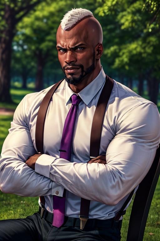 SethKOF,  solo,  1guy,  man,  white mohawk hair,  beard,  dress shirt,  sitting,  suspender,  tie,  black man,  afro american man,  dark skin,  crossed arms,  at the Central Park,  (masterpiece,  best quality:1.2),  (depth of field:1.1),  smirk,  masterpiece,  highness,  perfect face,  perfect picture,  detailed eyes,  sharp focus, <lora:EMS-50642-EMS:1.000000>