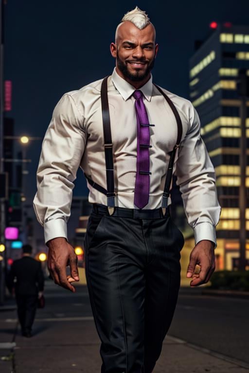 SethKOF,  solo,  1guy,  man,  white mohawk hair,  beard,  dress shirt,  walking,  suspenders,  tie,  black man,  afro american man,  dark skin,  black pants,  night city,  (masterpiece,  best quality:1.2),  (depth of field:1.1),  smirk,  masterpiece,  highness,  perfect face,  perfect picture,  detailed eyes,  sharp focus, <lora:EMS-50642-EMS:0.920000>