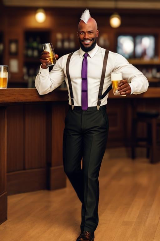 SethKOF,  solo,  1guy,  man,  sitting,  holding a beer,  white mohawk hair,  beard,  dress shirt,  walking,  suspenders,  tie,  black man,  afro american man,  dark skin,  black pants,  at the pub,  (masterpiece,  best quality:1.2),  (depth of field:1.1),  smirk,  masterpiece,  highness,  perfect face,  perfect picture,  detailed eyes,  sharp focus, <lora:EMS-50642-EMS:1.000000>