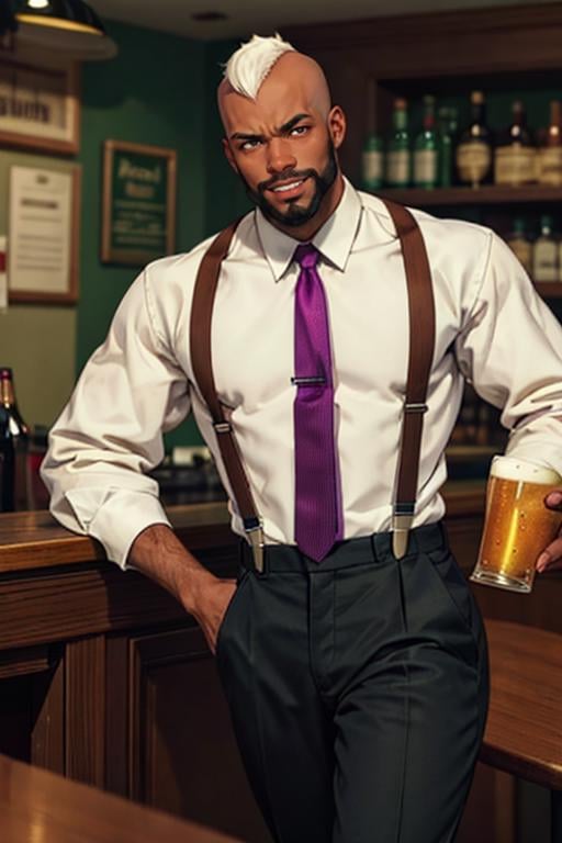 SethKOF,  solo,  1guy,  man,  sitting,  holding a beer,  white mohawk hair,  beard,  dress shirt,  walking,  suspenders,  tie,  black man,  afro american man,  dark skin,  black pants,  at the pub,  (masterpiece,  best quality:1.2),  (depth of field:1.1),  smirk,  masterpiece,  highness,  perfect face,  perfect picture,  detailed eyes,  sharp focus, <lora:EMS-50642-EMS:0.920000>