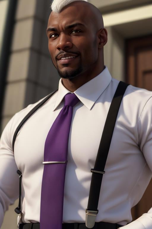 SethKOF,  solo,  1guy,  man,  white mohawk hair,  beard,  dress shirt,  closeup,  suspenders,  tie,  black man,  afro american man,  dark skin,  black pants,  at police station,  (masterpiece,  best quality:1.2),  (depth of field:1.1),  smirk,  masterpiece,  highness,  perfect face,  perfect picture,  detailed eyes,  sharp focus, <lora:EMS-50642-EMS:1.000000>