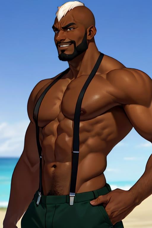 SethKOF,  solo,  1guy,  man,  white mohawk hair,  beard,  shirtless,  closeup,  suspenders,  black man,  afro american man,  dark skin,  black speedo,  at beach,  (masterpiece,  best quality:1.2),  (depth of field:1.1),  smirk,  masterpiece,  highness,  perfect face,  perfect picture,  detailed eyes,  sharp focus, <lora:EMS-50642-EMS:1.000000>