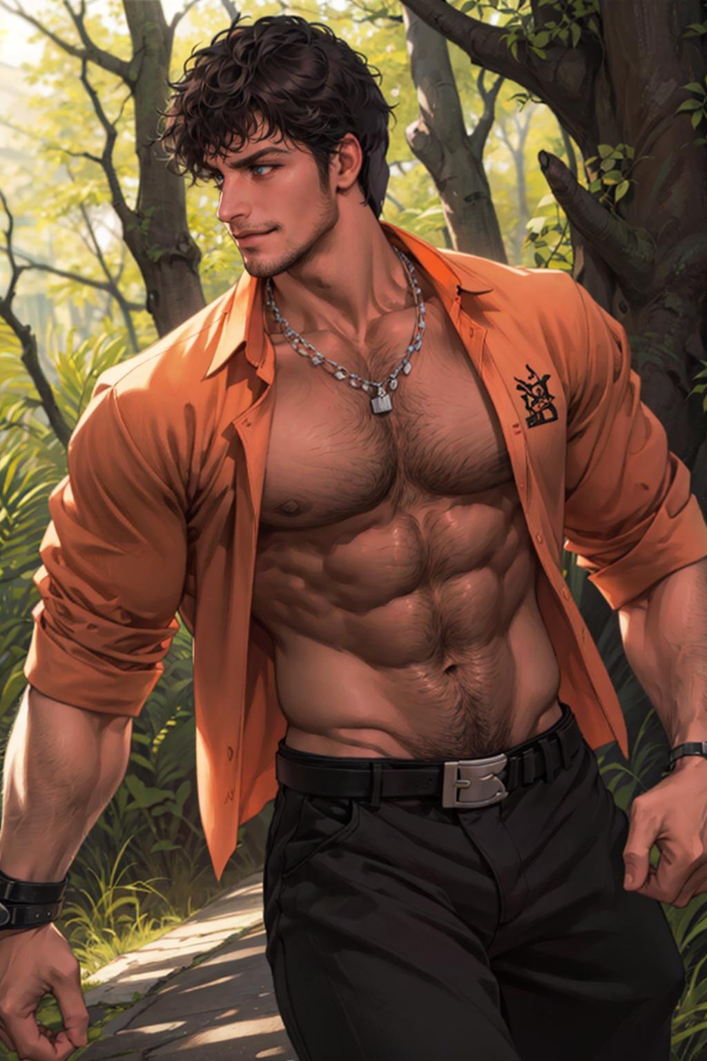 FlynnRider,  1guy,  necklaces,  orange shirt,  belt,  pants,  medium shot,  best quality:1.2),  smirk,  masterpiece,  highness,  perfect face,  perfect picture,  detailed eyes,  sharp focus,  standing,  forest,  , MiguelTekken, <lora:EMS-56171-EMS:1.000000>