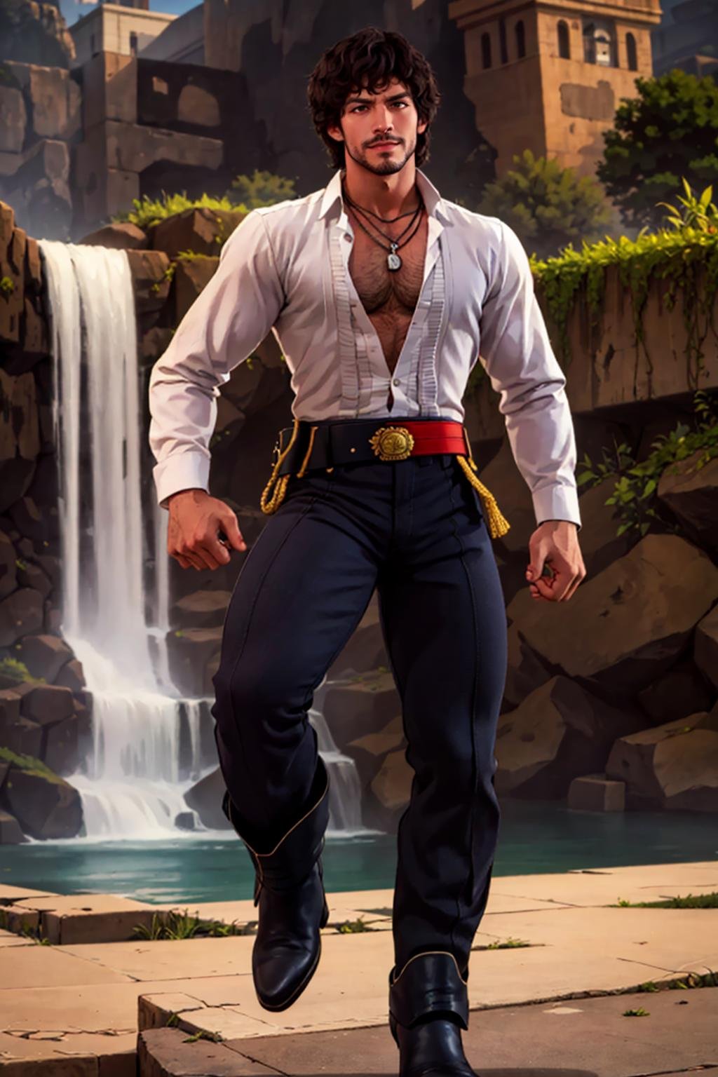 FlynnRider,  1guy,  necklaces,  white shirt,  red stash,  matador pants,  facial  hair,  belt,  pants,  boots,  best quality:1.2),  smirk,  masterpiece,  highness,  perfect face,  perfect picture,  detailed eyes,  sharp focus,  standing,  waterfall, MiguelTekken, <lora:EMS-56171-EMS:1.000000>