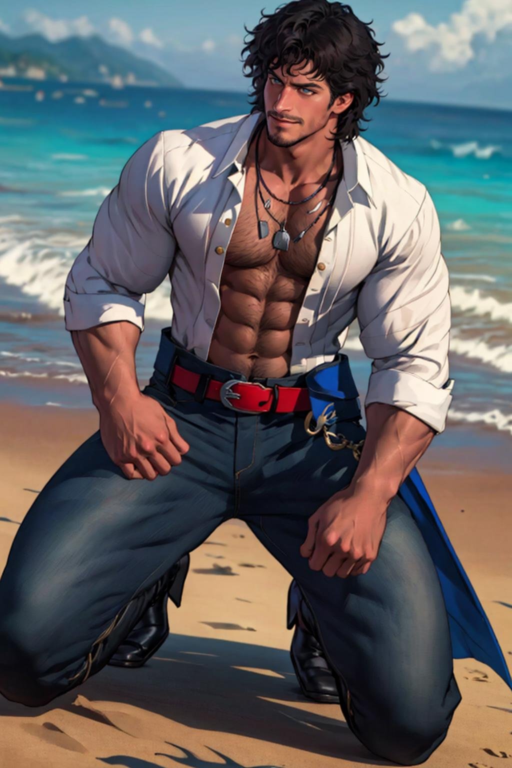 FlynnRider,  1guy,  necklaces,  white shirt,  red stash,  matador pants,  facial  hair,  belt,  pants,  boots,  best quality:1.2),  smirk,  masterpiece,  highness,  perfect face,  perfect picture,  detailed eyes,  sharp focus,  kneeling,  beach , MiguelTekken, <lora:EMS-13102-EMS:0.200000>, , <lora:EMS-56171-EMS:1.000000>