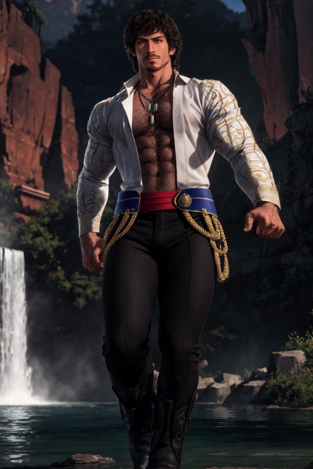 FlynnRider,  1guy,  necklaces,  white shirt,  red stash,  matador pants,  facial  hair,  belt,  pants,  boots,  best quality:1.2),  smirk,  masterpiece,  highness,  perfect face,  perfect picture,  detailed eyes,  sharp focus,  standing,  waterfall, MiguelTekken, <lora:EMS-13102-EMS:0.200000>, , <lora:EMS-56171-EMS:1.000000>